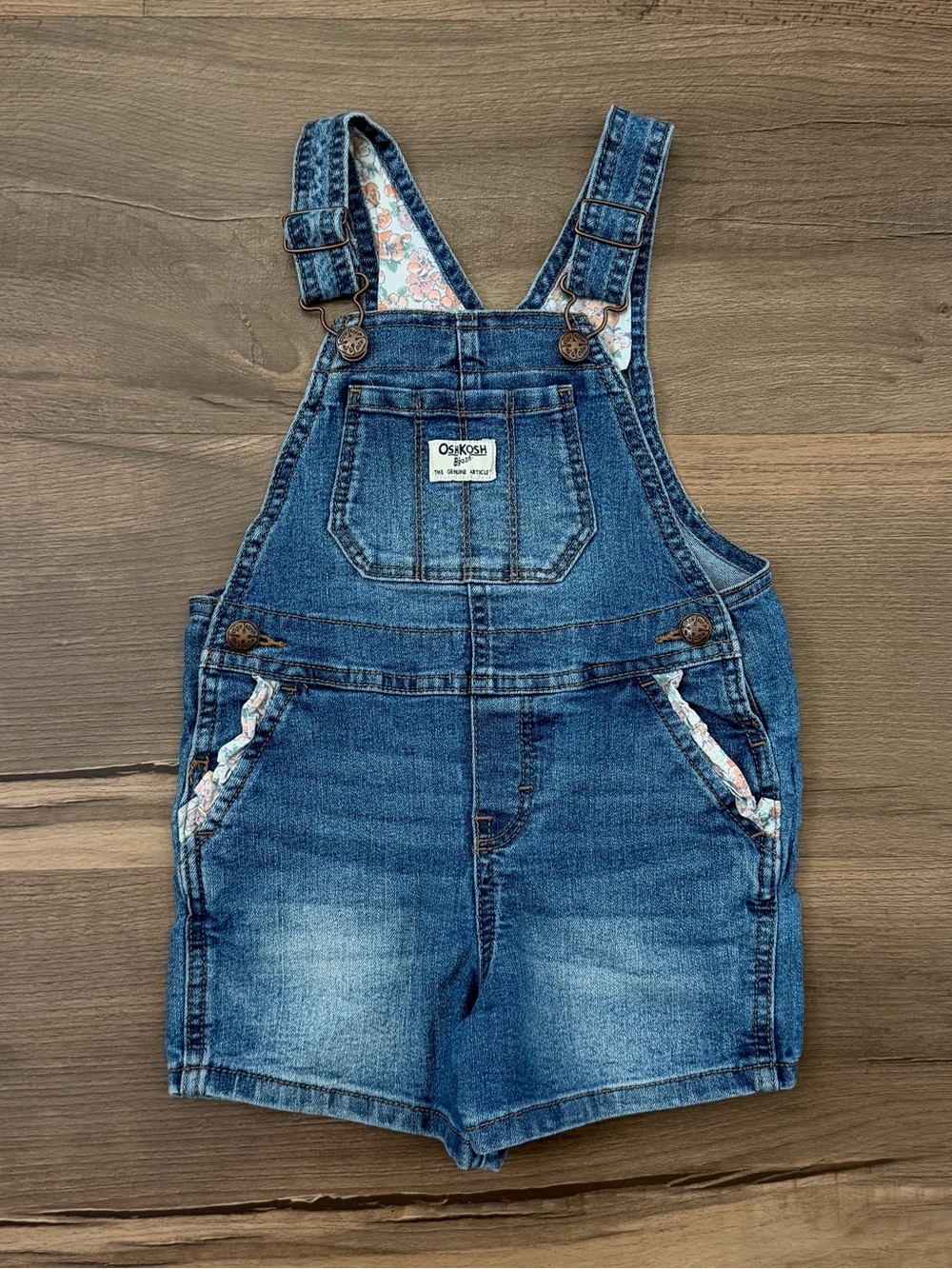 OshKosh B'gosh Toddler Denim Shortalls - Floral Print Ruffle Pocket - Size 3T